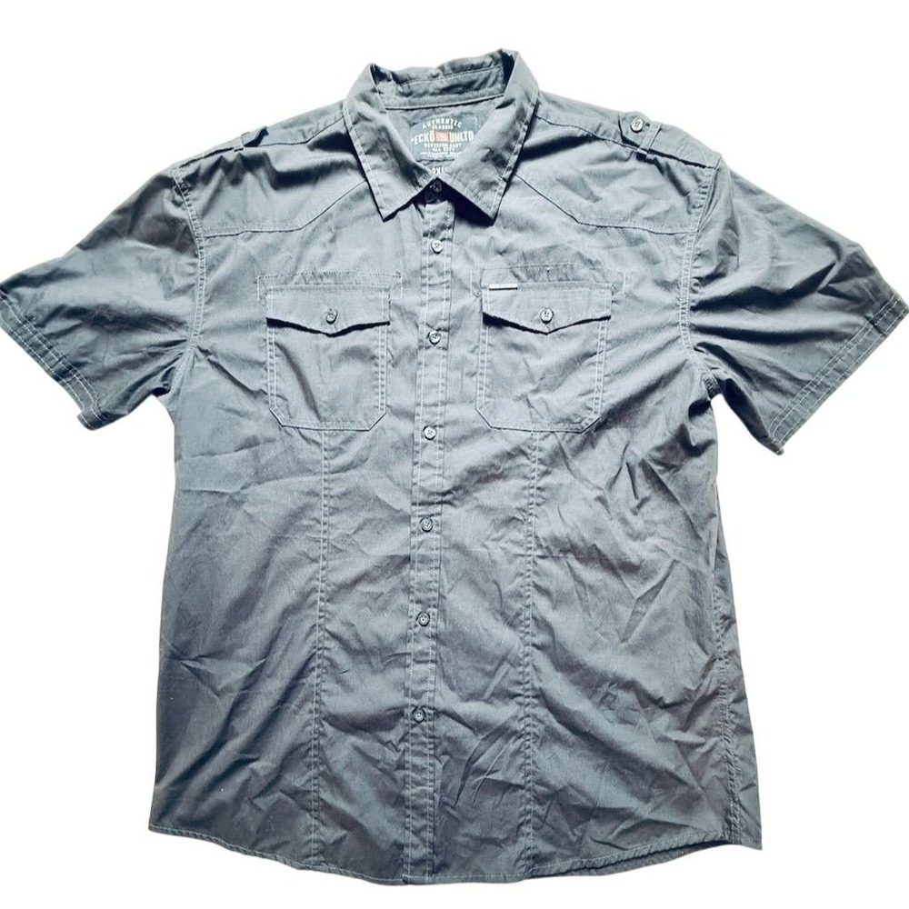 Vtg Ecko Unltd Men's 2XL Gray S/S Y2K Button-Down Shirt Casual military epaulets